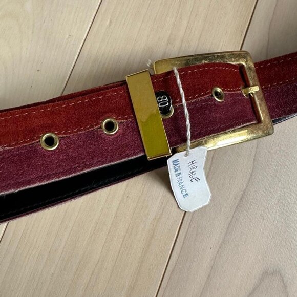 Vintage Mirage Belt Made in France – Red Pink Suede with Gold Buckle – Size 80 - Picture 3 of 6